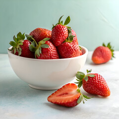 A white bowl filled with fresh strawberries and some strawberries scattered on the surface near it