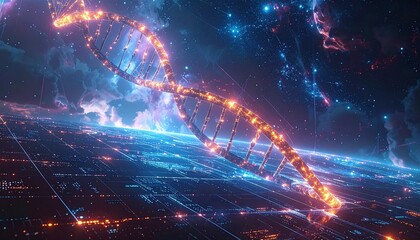Fiery DNA double helix glowing above futuristic city grid in cosmic blue-purple-orange space.