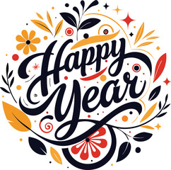 Handwritten Happy Year Typography with Festive Floral Wreath Design