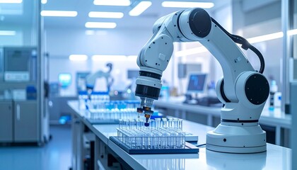 Robotic arm working over test tubes in a high-tech lab with monitors displaying molecular data.