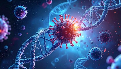 Digital rendering of virus interacting with glowing DNA strands, suggesting genetic modification or infection.