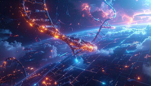 Fiery DNA strands glowing in cosmic digital grid with orange-blue highlights and surreal atmosphere.