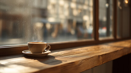 居心地の良いカフェの窓際テーブルに置かれた淹れたてのコーヒーをリアルに描いたAI生成画像