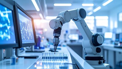 Robotic arm working over test tubes in a high-tech lab with monitors displaying molecular data.
