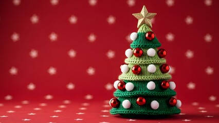 Hand-knitted Christmas tree with red and white ornaments on a red polka-dot background