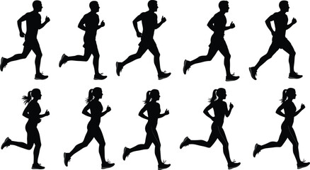 WebBlack Silhouette Running People Set: Dynamic Male and Female Runners in Motion, Athletic Group Running Together for Fitness, Sports, and Healthy Lifestyle Vector Illustration.