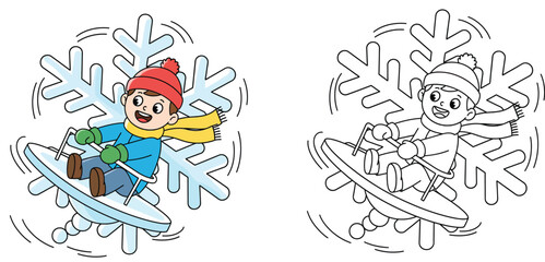 Cute Cartoon Boy Spinning on Giant Snowflake Ride Vector Illustration with Black and White Outline for Coloring Book Page