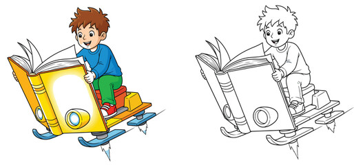 Cartoon Boy Riding Flying Magic Book Sled with Jet Thrusters Vector Illustration with Black and White Outline for Coloring Book Page