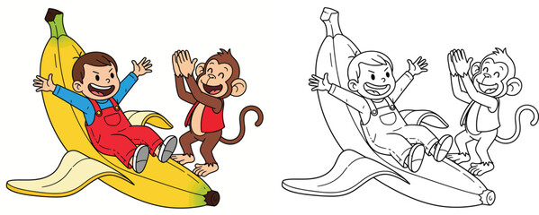 Funny Cartoon Boy Sliding on Giant Banana with Happy Monkey Friend Vector Illustration with Black and White Outline for Coloring Book Page