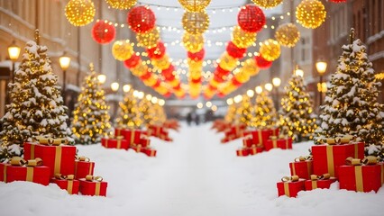 Snow-covered street decorated with Christmas trees, lanterns, and gift boxes during winter holiday season