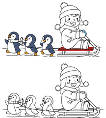 Cute Cartoon Child Riding Sled Pulled by Three Penguins in Winter Snow Vector Illustration with Black and White Outline for Coloring Book Page