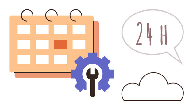 Calendar with gear representing task scheduling, cloud for online tools, and 24-hour speech bubble for availability. Ideal for time management, operations, cloud technology, customer support