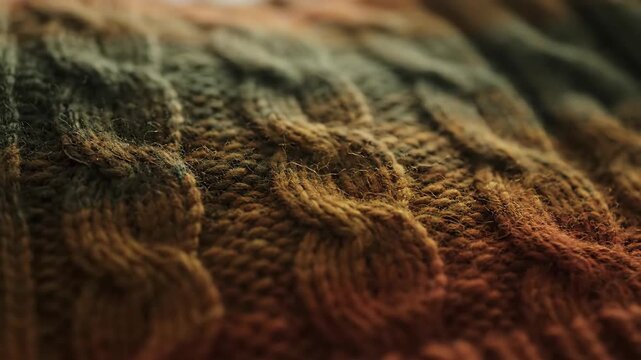 Close-up texture of woven wool yarn with intricate cable knit pattern.
