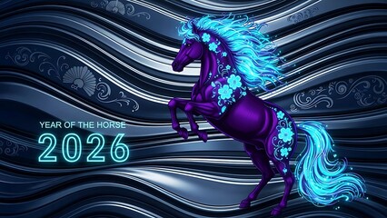 Futuristic Neon Blue Floral Horse on Metallic Waves – Chinese Lunar New Year 2026