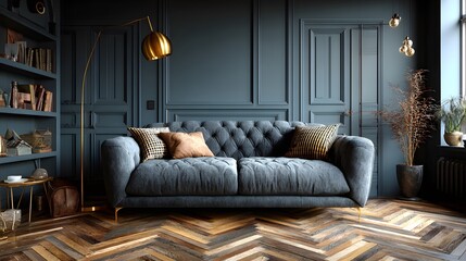 Contemporary living room with grey sofa and herringbone wood floor featuring brass floor lamp and minimalist interior design with warm light.
