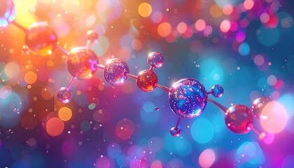 Stylized molecular spheres with shiny bonds on vibrant multicolored bokeh background.