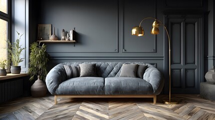 Fototapeta premium Contemporary living room with grey sofa and herringbone wood floor featuring brass floor lamp and minimalist interior design with warm light.