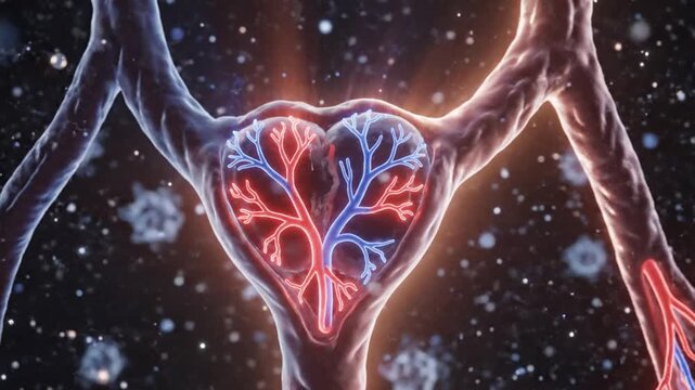 Animated 3D Representation of Human Reproductive System Showing Ovaries Fallopian Tubes and Uterus with Red and Blue Vascular Network symbolizing Blood Flow