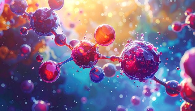 Stylized molecular structure with red, orange, and purple atoms connected by rods on vibrant bokeh background. - Powered by Adobe