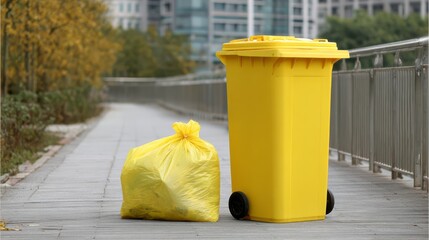 Urban Waste Management: A solitary yellow garbage bin and refuse sack stand sentinel on a paved path alongside an urban landscape, ready for collection. Awaiting disposal and ready for recycling