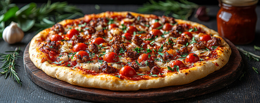 Savory pizza topped with ground meat cherry tomatoes onions and herbs presented on a wooden board with fresh ingredients.
