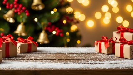 Christmas gifts wrapped in brown paper with red ribbons on a snowy wooden table near a decorated tree with lights and bells