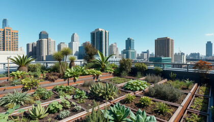 Obraz premium A rooftop garden with diverse plants and flowers overlooks a city skyline, blending nature and urbanity.