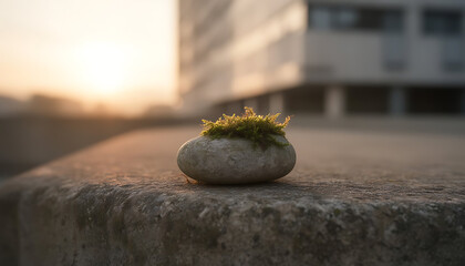 Small stone with moss on a concrete ledge with a blurred background at sunset or sunrise