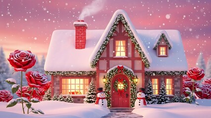 Snow-covered cottage with festive decorations, glowing windows, and red roses in a winter landscape