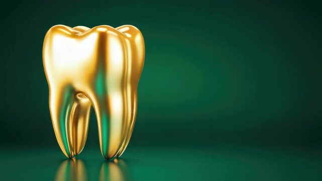 Golden tooth on green background shining brightly with vibrant highlights