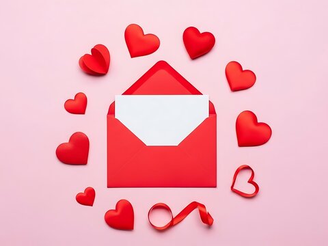 Send heartfelt love notes with red envelope and heart confetti design
