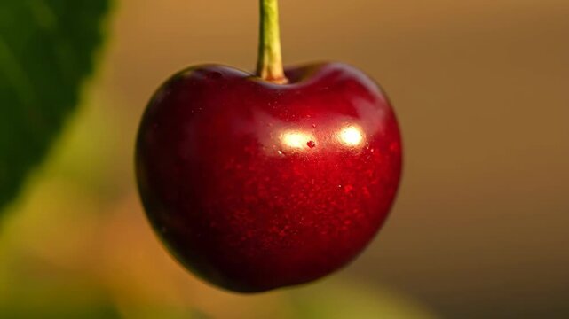 Ripe cherry hangs on a branch in warm golden sunlight detail