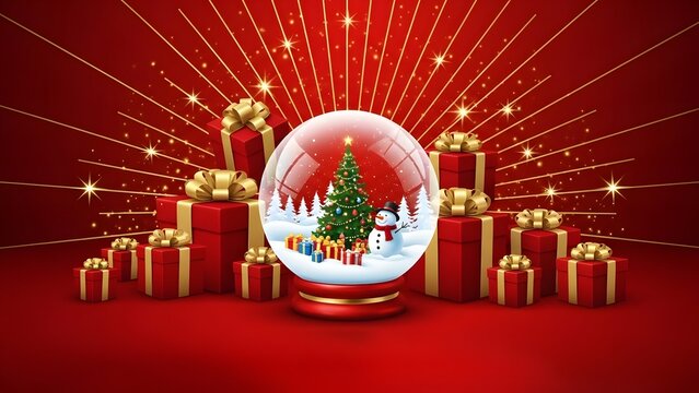 Christmas snow globe with decorated tree, snowman, and presents on red background