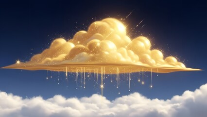 Golden cloud glowing with sparkles and light droplets falling against a blue sky