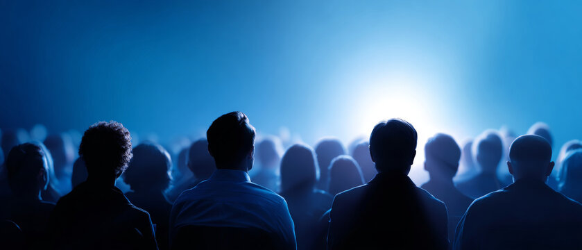 Silhouettes of diverse audience members watching a bright stage or screen in a darkened room with blue ambient lighting
