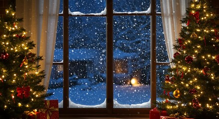 Christmas trees decorated with lights and ornaments flank a window showing snowfall outside at night
