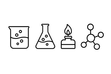 Essential chemistry and laboratory equipment including glassware burner and molecule structure