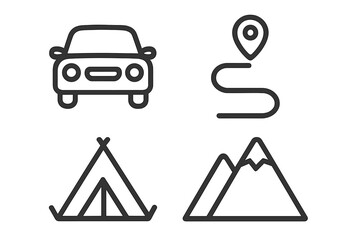 Minimalist line symbols for travel, road trip, navigation, camping, and outdoor adventure