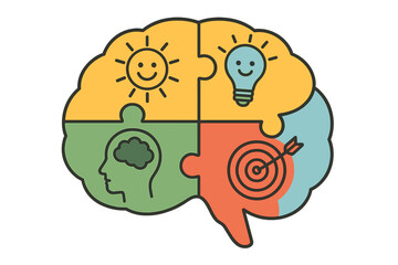 Human brain composed of four colorful puzzle pieces representing mental functions and cognitive health