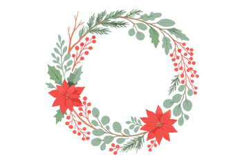 Festive holiday wreath featuring red poinsettias, green eucalyptus leaves, and winter berries