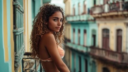 A young woman gazes thoughtfully from her balcony. Colorful buildings create a vibrant backdrop. Explore beauty in city life. Generative AI