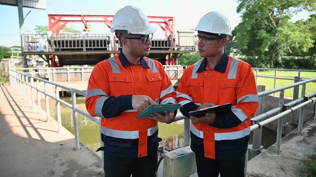 Two Asian engineers are inspecting the wastewater treatment system, wastewater treatment system maintenance engineer