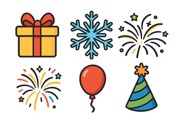 Colorful celebration and holiday icons set with gift, snowflake, fireworks, balloon, and party hat