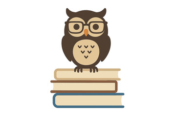 Cartoon owl wearing spectacles sitting on a stack of educational books symbolizing knowledge