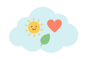 Smiling sun, red heart, and green leaf floating inside a light blue cloud shape