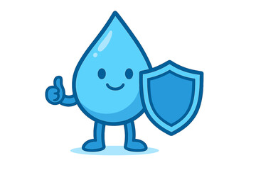Cute blue water drop mascot character holding a shield and giving a thumbs up gesture