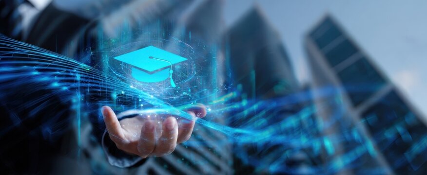 The Graduation Cap Hologram Symbolizing Digital Learning, Technology, Innovation, and Urban Future