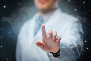 Doctor pointing upward on digital medical backdrop. Concept of diagnostics, innovation, telemedicine and medical technology.