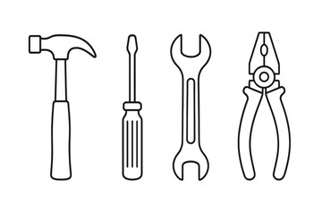 Set of essential construction and repair hand tools: hammer, screwdriver, wrench, and pliers