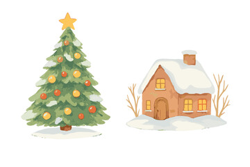 Fototapeta premium Cozy winter scene with decorated Christmas tree and snow covered cottage house isolated on white background